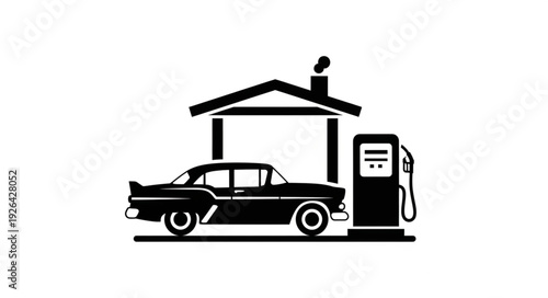 Vintage Car at Gas Pump Station.
