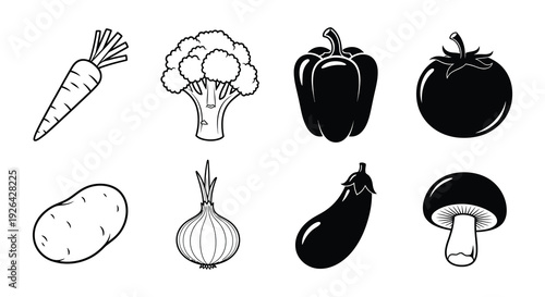 Black and white illustration of various fresh vegetables and a mushroom