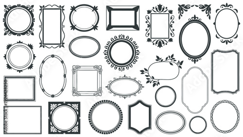 Assorted Collection of Intricately Ornate Victorian-Style Picture Frames in Black, Elegant Decorative Borders, Vintage and Classic Design Project Elements, Vector Illustration