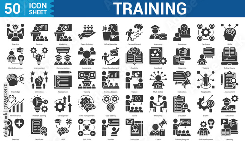 Training  glyph style icon set collection editable stroke concept of, practice, seminar, team building, office materials, personal growth, internship, simulation, and more. Illustration Eps 10