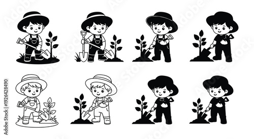 Black and white illustrations of children gardening with plants and tools
