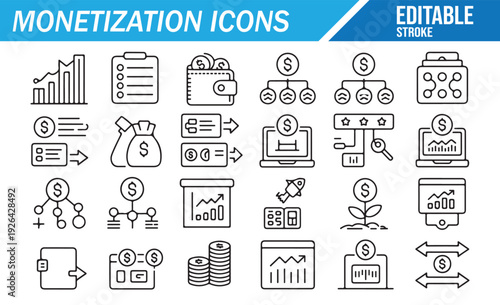 Finance and Investment Line Art Icons - Monetization Vector Set