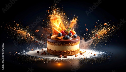 A dessert scene, featuring a small cake with various fruits, surrounded by light effects and a dark background