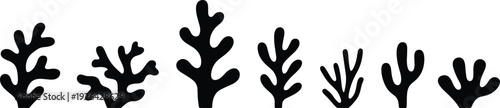 Black coral reef silhouettes collection with various abstract branching sea shapes isolated on light background minimalist marine vector illustration for coastal decor
