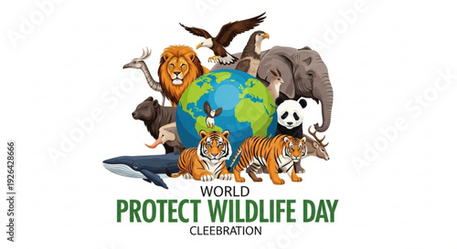 World wildlife day illustration featuring diverse animals and earth globe symbolizing conservation and protection of global wildlife