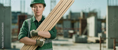 Female construction worker carrying wooden planks on a building site. Professional woman in a hard hat and safety vest. Carpentry and manual labor concept. Copy space for text