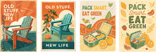 Colorful illustrations promoting eco-friendly living and mindful eating.