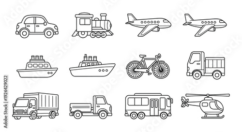Line art illustration of various transportation vehicles including cars planes and boats