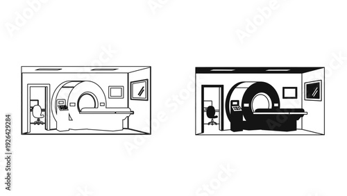 MRI scanner machine in hospital radiology room, medical diagnostic imaging equipment line art vector illustration