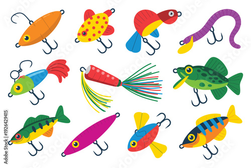Fishing Lures Vector Set, Colorful Isometric Illustrations of Spoon Lure, Spinner Lure, Crankbait, and Soft Plastic Worm for Angling and Outdoor Design.