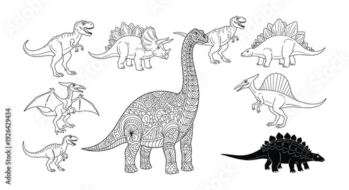 A collection of various dinosaur outlines and a uniquely patterned brontosaurus
