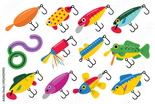 Fishing Lures Vector Set, Colorful Isometric Illustrations of Spoon Lure, Spinner Lure, Crankbait, and Soft Plastic Worm for Angling and Outdoor Design.