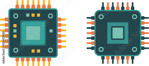 Digital CPU microchip processor vector icons, computer hardware technology, circuit board component, and electronic data processing
