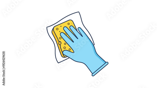 Hand Wearing Blue Glove Holding Sponge.