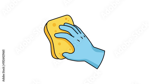 Hand Wearing Glove Holding Yellow Sponge.