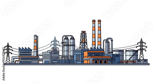Detailed illustration of an industrial complex with various structures and power lines.