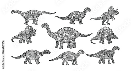 A collection of various dinosaur outlines and a uniquely patterned brontosaurus