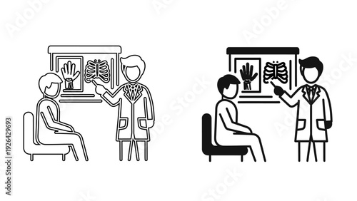 Doctor explaining X-ray results to patient in clinic, medical consultation and lung diagnosis line art vector illustration
