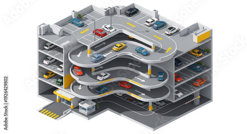 Detailed illustration of a multi-level parking garage with cars and ramps.