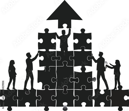 Business team building success strategy with puzzle pieces and upward arrow.
