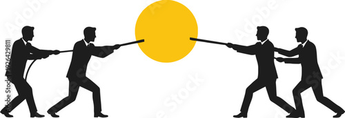 Businessmen silhouette tug of war over golden dollar coin symbolizing financial conflict.