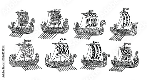 Detailed illustration of several ornate viking ships in black and white