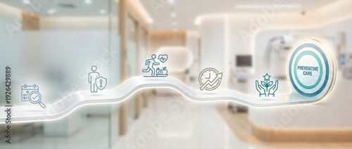 Preventive care, healthcare, medical, wellness, prevention, checkup, lifestyle icons on a roadmap graphic over a blurred modern hospital background for clinical service marketing.