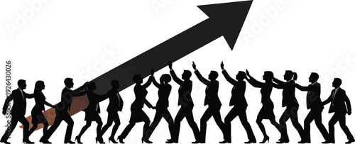 Teamwork and collaboration lifting a large upward trending arrow for success.