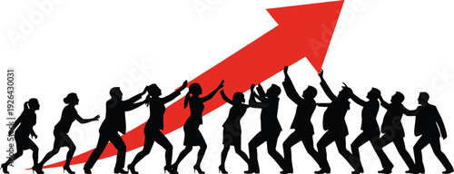 Teamwork pushing a large red arrow upwards symbolizing growth and success.