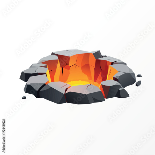 vector hole in the ground with glowing orange light- cracked surface with angular fragments on neutral background