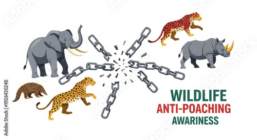 Endangered animals breaking free from chains symbolizing wildlife anti poaching awareness campaign illustration with diverse species