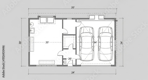 Detailed architectural blueprint showcasing a two-car garage with additional storage and entry points.