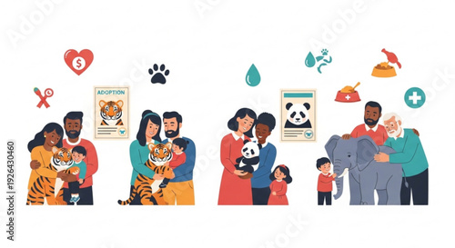Diverse families embracing endangered animals with conservation symbols and icons in a flat design illustration
