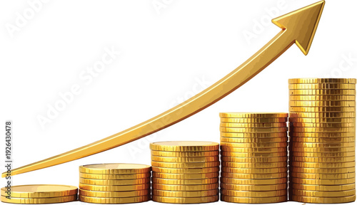 Gold coins stacked in increasing height with an upward trending arrow.