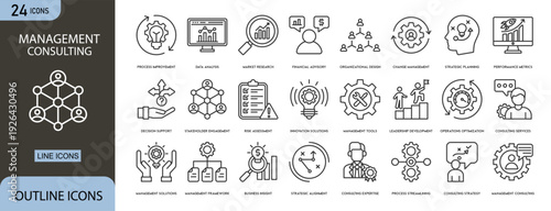 Management consulting icon set representing business advisory, strategy planning, analysis, problem solving, performance  and executive guidance concepts in clean outline vector style.