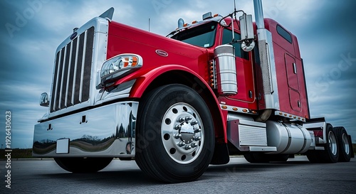 Low angle view of a red semi truck parked on a road