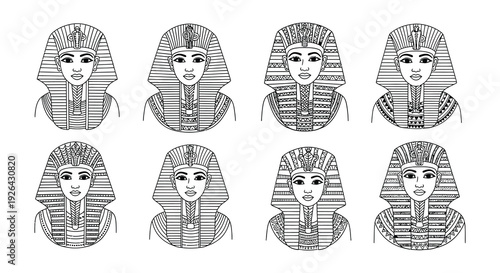 Line art depictions of ancient egyptian pharaohs in decorative headdresses