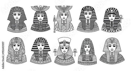 Line art depictions of ancient egyptian pharaohs in decorative headdresses