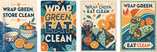 Colorful illustrations promoting healthy eating with vibrant fruits and wraps.