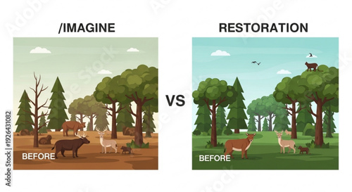 Environmental restoration concept before and after comparison of polluted and restored forest ecosystem with animals