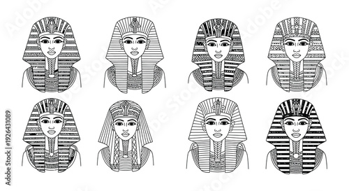 Line art depictions of ancient egyptian pharaohs in decorative headdresses