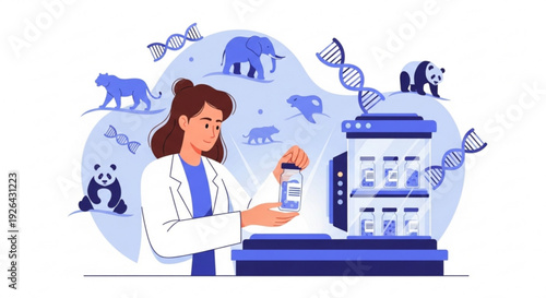 Scientist analyzing dna samples with various animals in the background genetic research concept blue and white color scheme laboratory setting modern technology