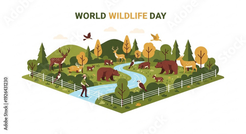 World wildlife day illustration with animals and forest ecosystem