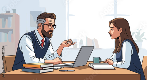 Man and Woman Discussing at Desk.