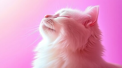 A serene white cat gazes upward against a soft pink background, capturing a moment of tranquility and grace, This elegant image is ideal for pet care promotions, blogs, or social media content,