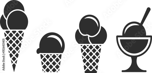 Ice cream cone and sundae bowl silhouette vector set, summer dessert icons, and sweet food graphics