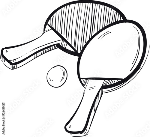 Ping pong equipment sketch. Wooden table tennis pads and ball