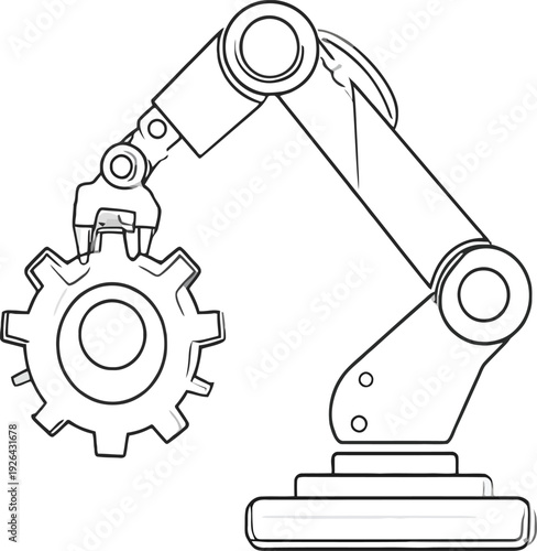 Outline sketch of a robotic arm holding a gear, industrial automation concept.