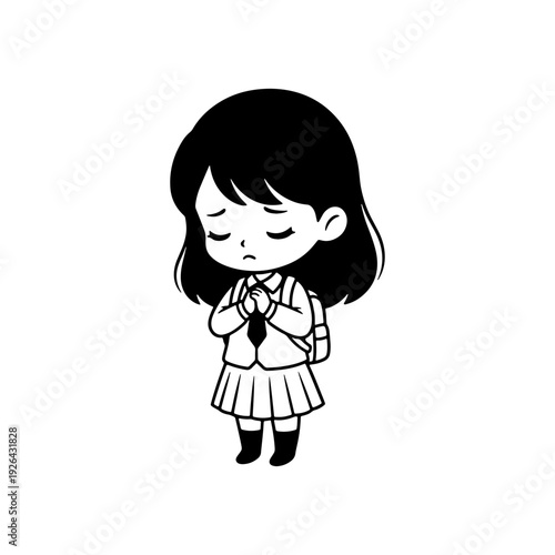 Black and white line art of a young schoolgirl in uniform expressing apology or regret. Perfect for educational materials, social media graphics, and stickers.