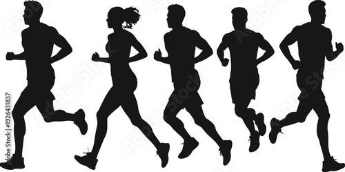 Silhouettes of five runners in motion, men and women jogging.